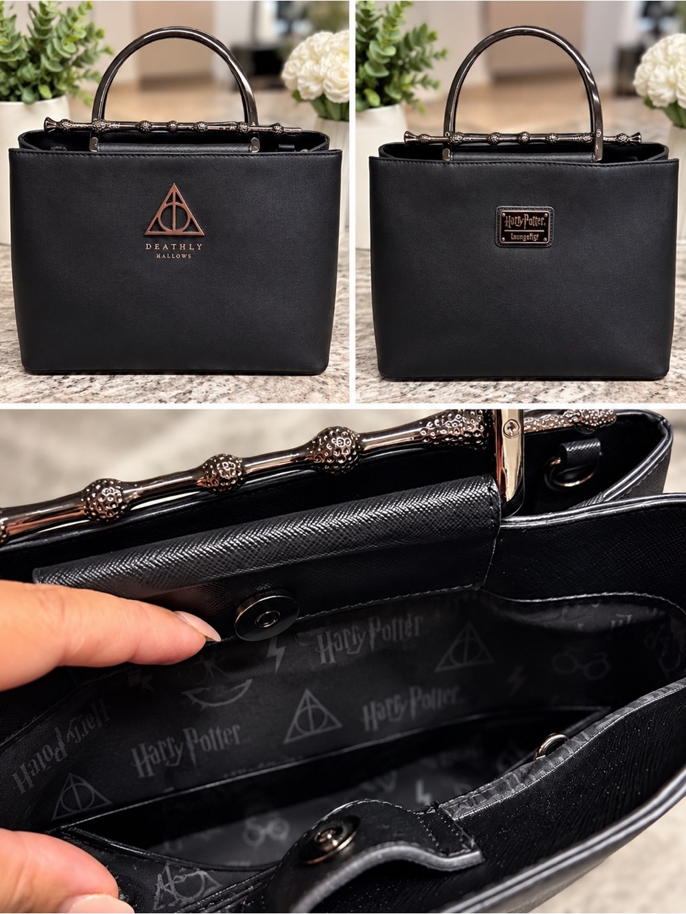 Loungefly Black Deathly Hallows Metal-Handle Satchel